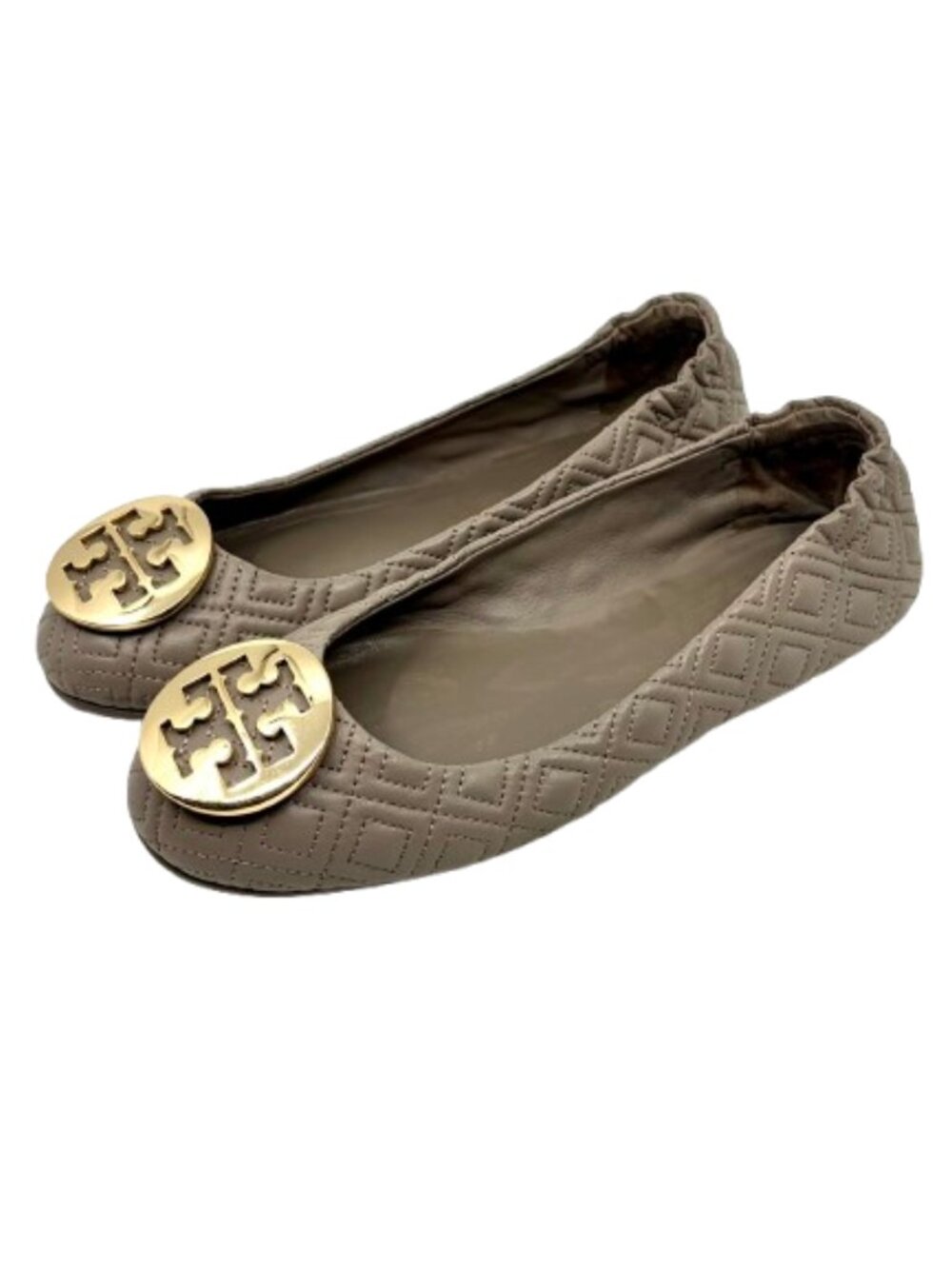 TORY BURCH~Minnie Quilted~TRAVEL BALLET FLAT~GRAY TAUPE LEATHER SZ 7.5 NEAR NEW